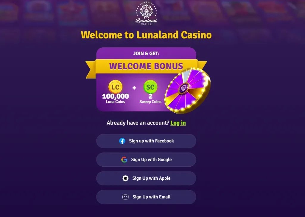 Lunaland Casino - Banner with welcome bonus offer.