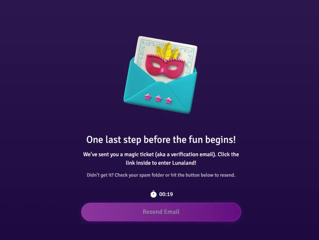 Lunaland - Banner with verification email prompt.