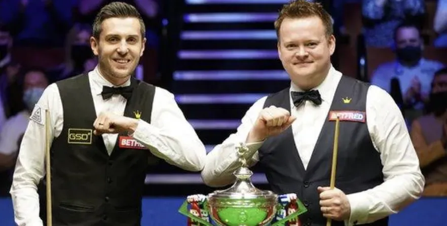 Snooker Champions - Portrait with trophy and cues.