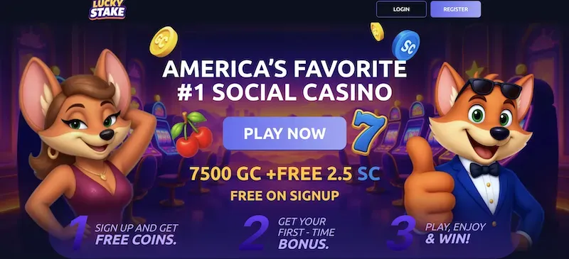 LuckyStake - Banner with cartoon characters and casino theme.