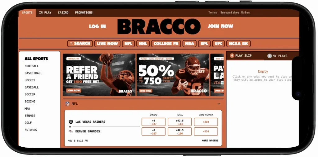 Bracco - Mobile app screenshot with sports betting.