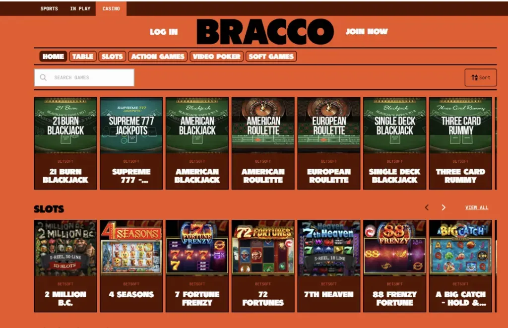 Bracco - Website banner with casino games display.