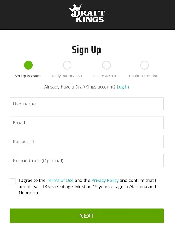 DraftKings - Sign Up Page with user fields.
