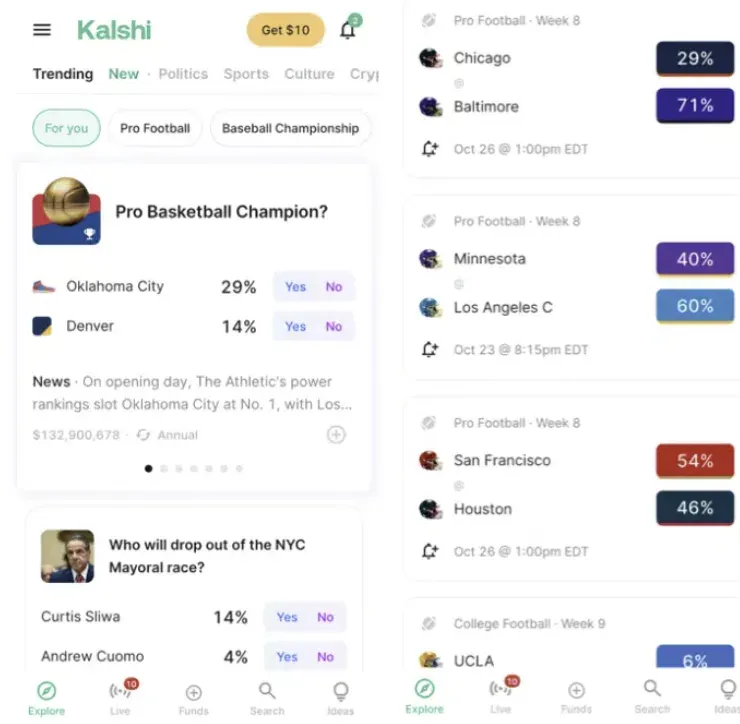 Kalshi - App screenshot with sports betting options.