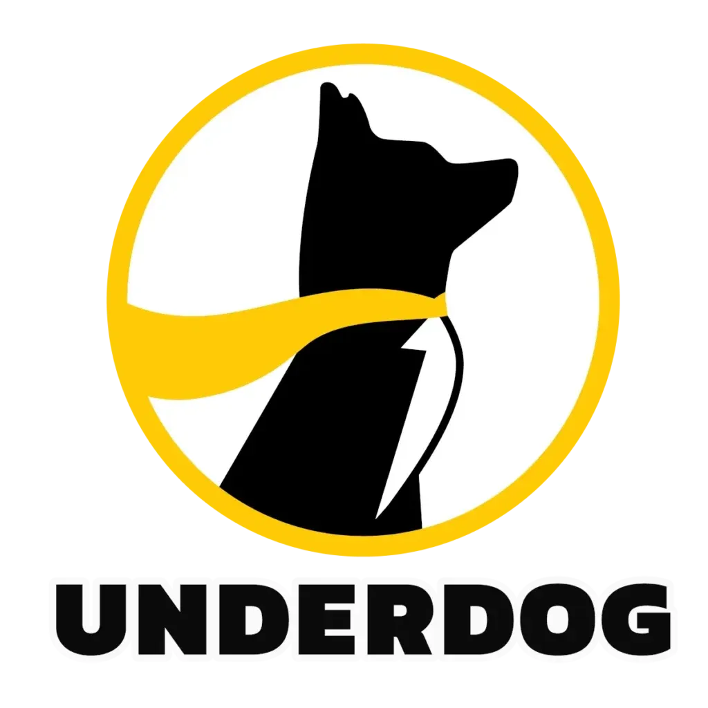 Underdog - Logo with a black dog silhouette.