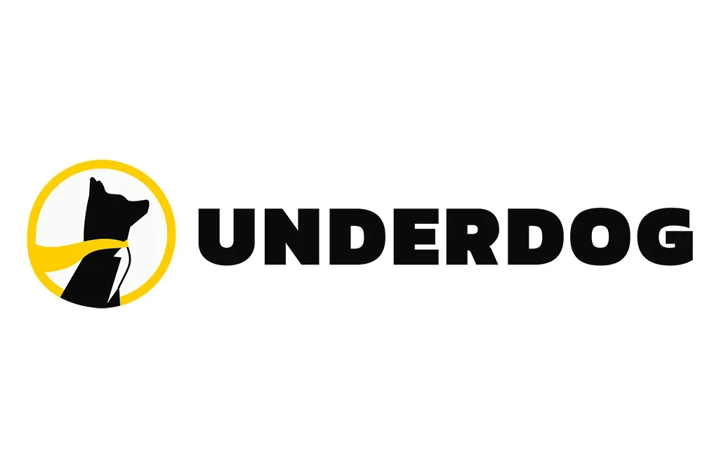 Underdog - Logo with a dog silhouette and yellow circle.