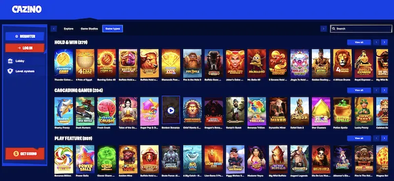 Cazino - Game Lobby with various slot games