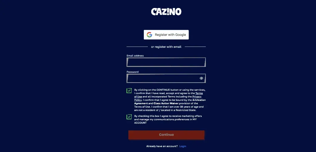 Cazino - Registration page
