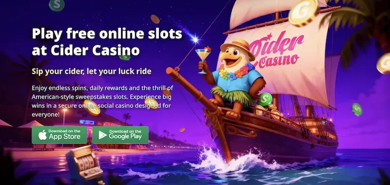 Cider Casino - Banner with a cartoon pirate and ship.