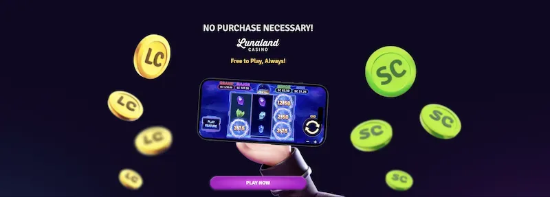 LunaLand - Banner with coins and mobile game.