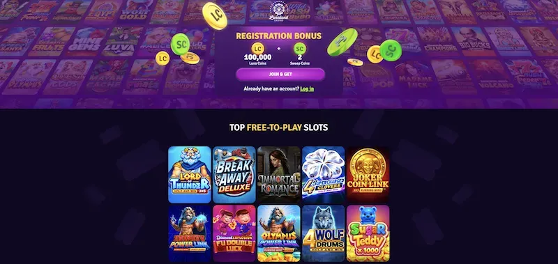 LunaLand - Website banner with slot games display.