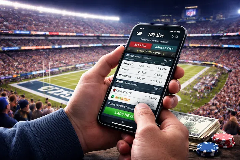 NFL Stadium Betting - Image with mobile app display.