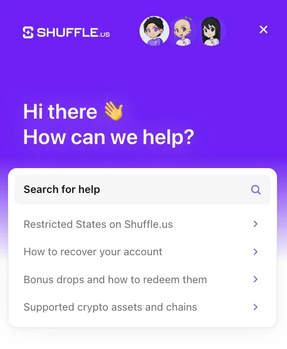 Shuffle.us - Support banner with help options.