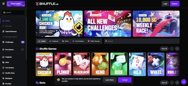 Shuffle.us - Website banner with game promotions.