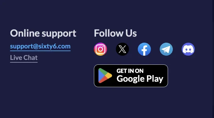 Sixty6 Casino - Banner with online support details.