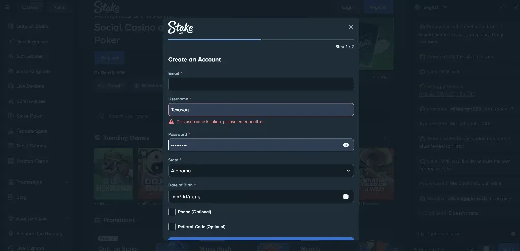Stake.us create account