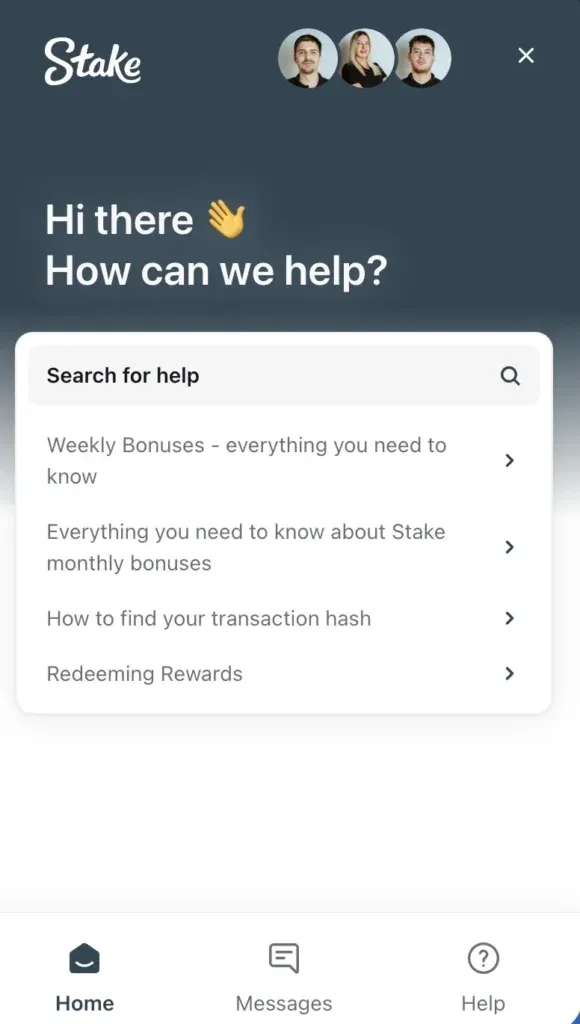 Stake.us - Support banner with help options.