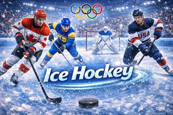 Winter Olympics - Banner with ice hockey players.