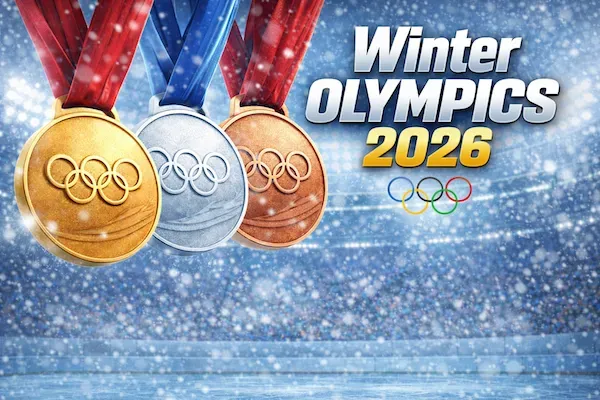 Winter Olympics medal count banner with medals.