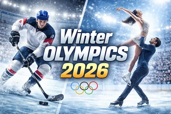Winter Olympics - Banner with athletes and logo.