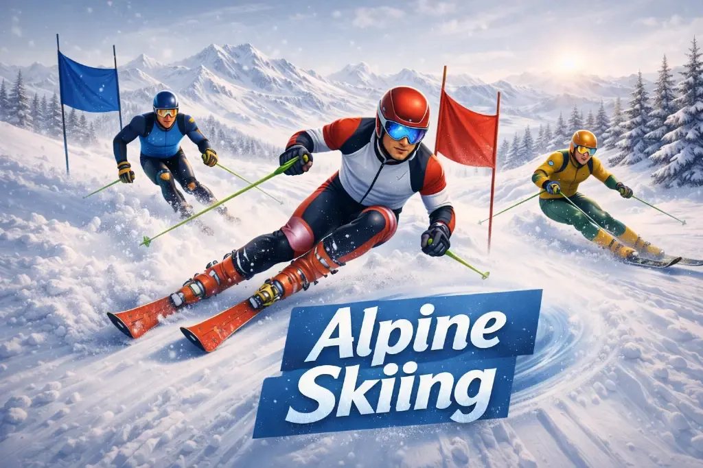 Alpine Skiing - Banner with skiers racing downhill.