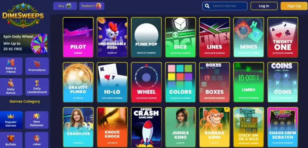 DimeSweeps - Banner with game selection grid.