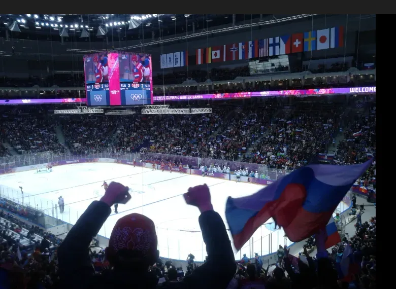 Ice Hockey Olympics - Photo with cheering crowd.