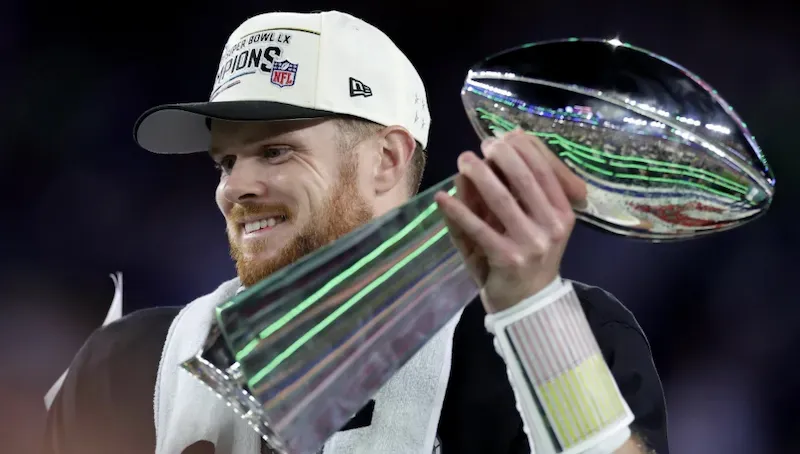Super Bowl Seattle Seahawks quarterback Sam Darnold with Lombardi Trophy.