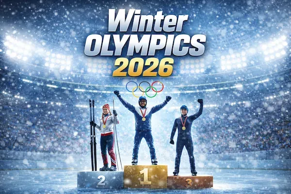 Winter Olympics podium betting - Banner with athletes.