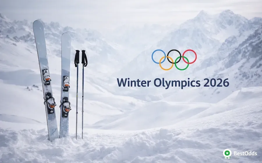 Winter Olympics 2026 - Banner with skis and poles.
