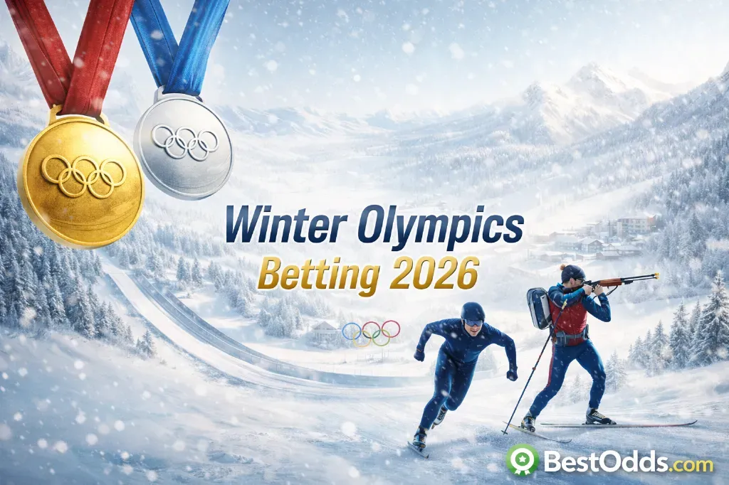 Winter Olympics artwork with medals and athletes.