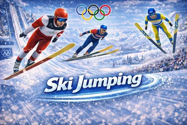 Winter Olympics - Banner with ski jumpers in action.