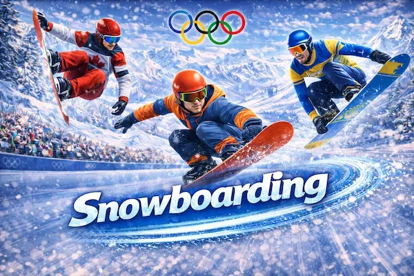 Winter Olympics - Banner with snowboarding action.