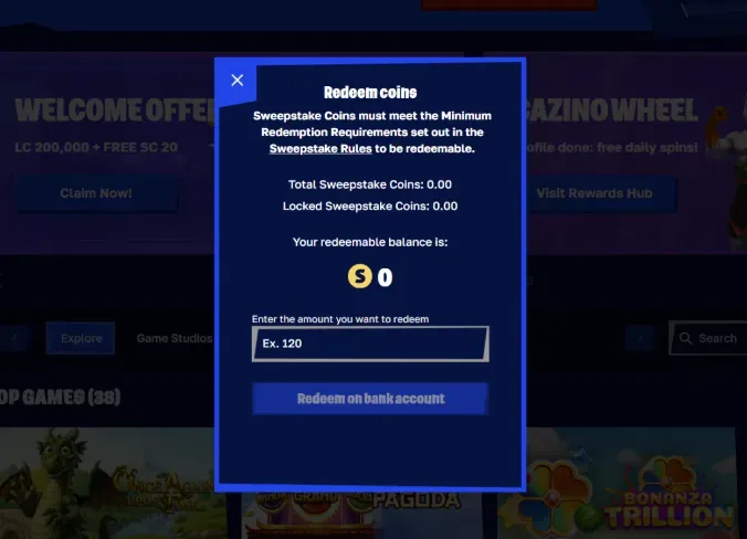 Cazino coins store - Screenshot with redeem options.