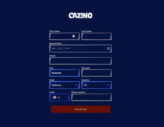 Cazino - Form screenshot with user details.