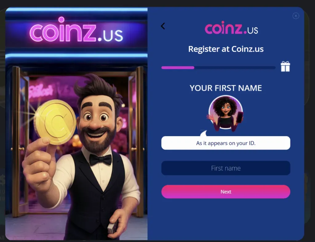 Coinz - Portrait with a smiling character holding a coin.