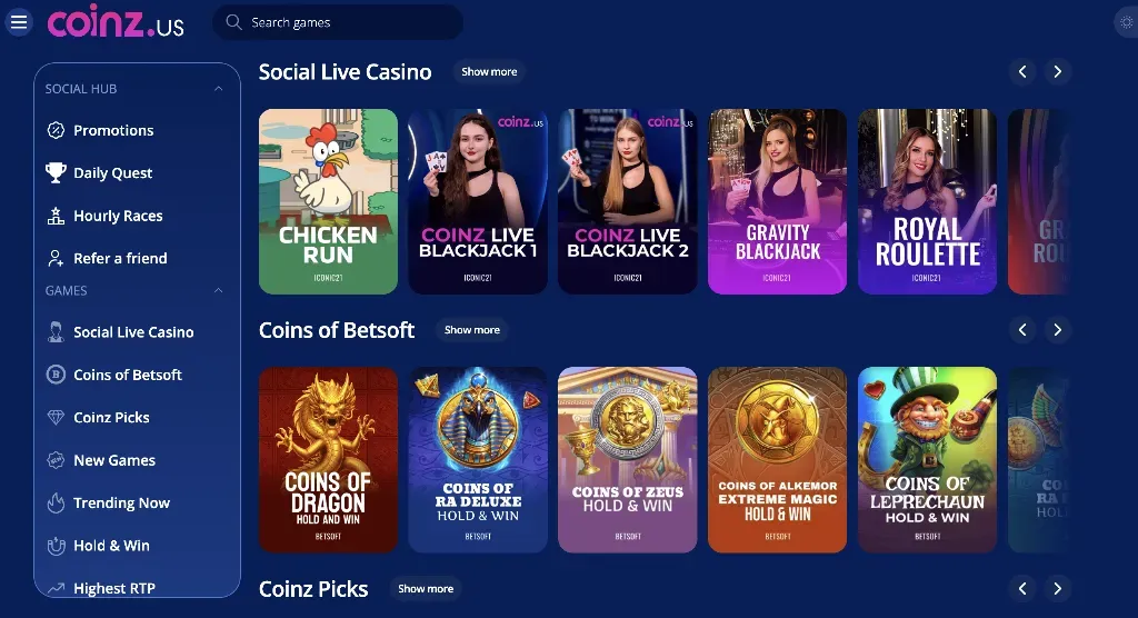 Coinz - Banner with various game thumbnails.