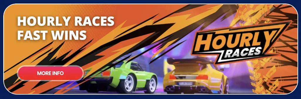 Hourly Races - Banner with racing cars and logo.