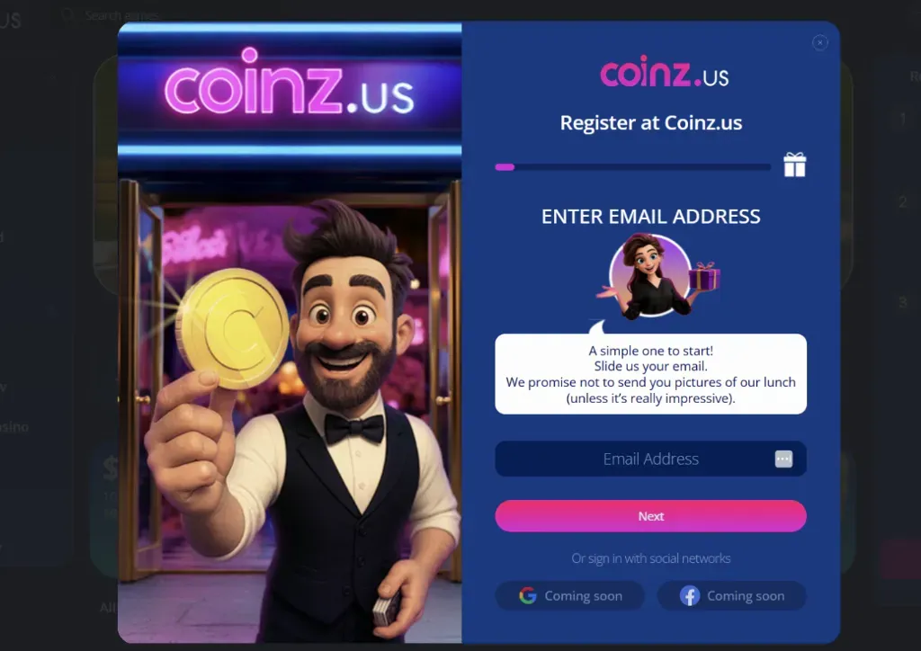 Coinz - Registration banner with a smiling host.