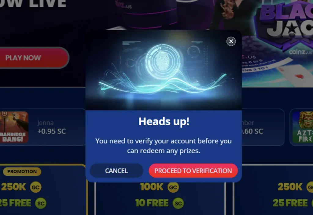 Coinz - Banner with account verification prompt.