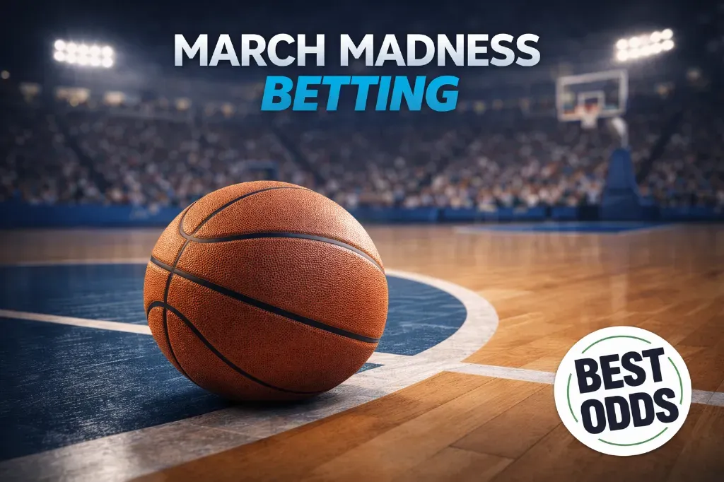 March Madness betting - Banner with basketball and odds.