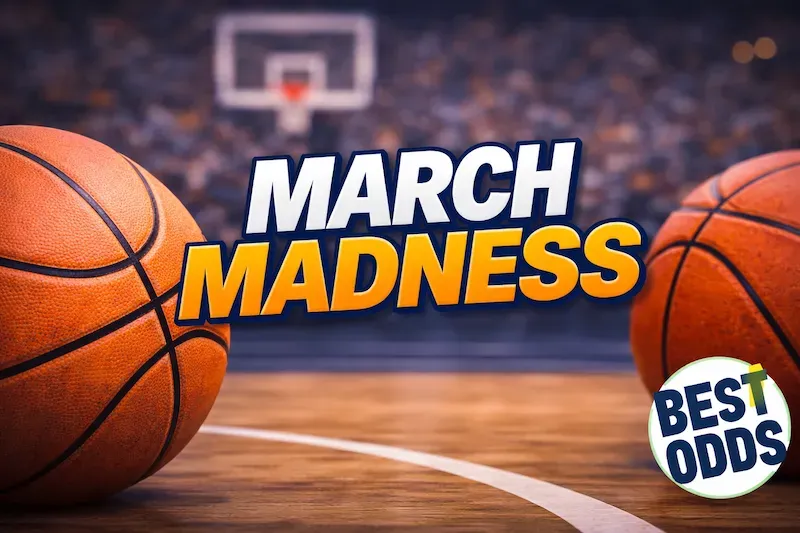 March Madness - Banner with basketballs and odds.