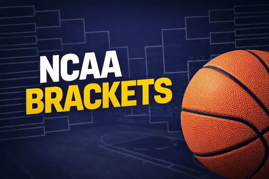 NCAA Brackets - Banner with basketball graphic.
