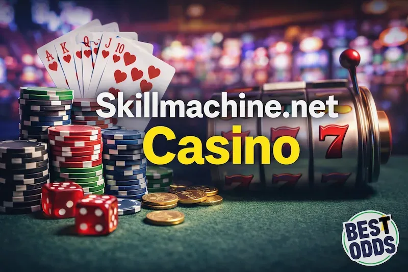Skillmachine - Logo with casino elements and cards.