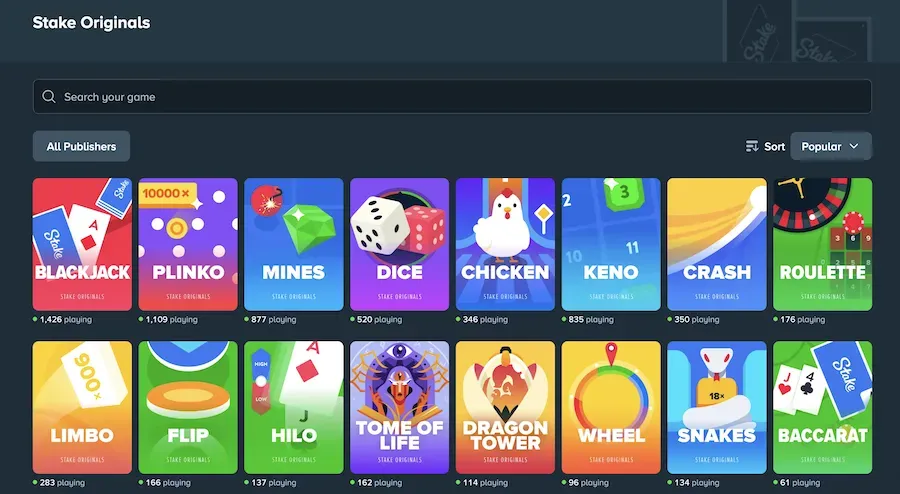 Stake Originals - Banner with various game icons.
