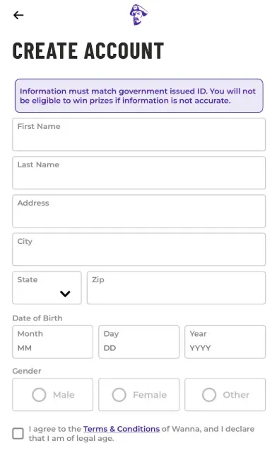 Wanna - Account Creation Form with user info fields.