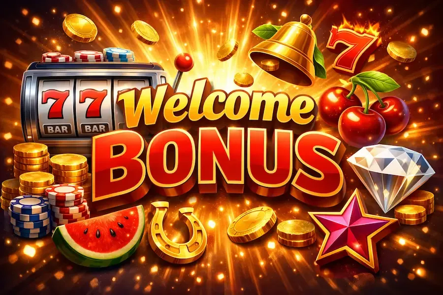 Welcome bonus - Banner with casino symbols.