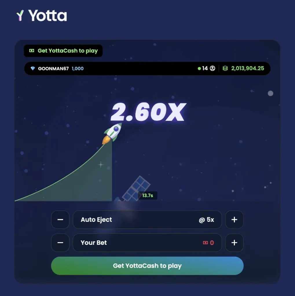 Yotta - Banner with rocket and game stats.