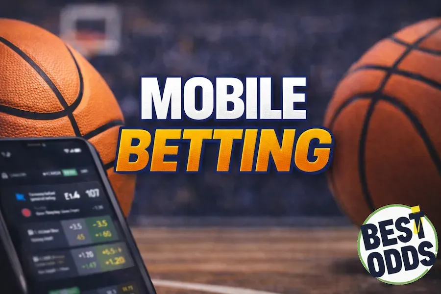 Best Odds - Banner with mobile betting and basketball.