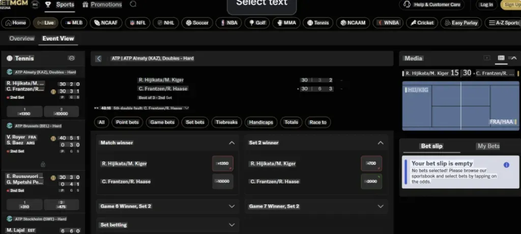 BetMGM - Dashboard with tennis match details.